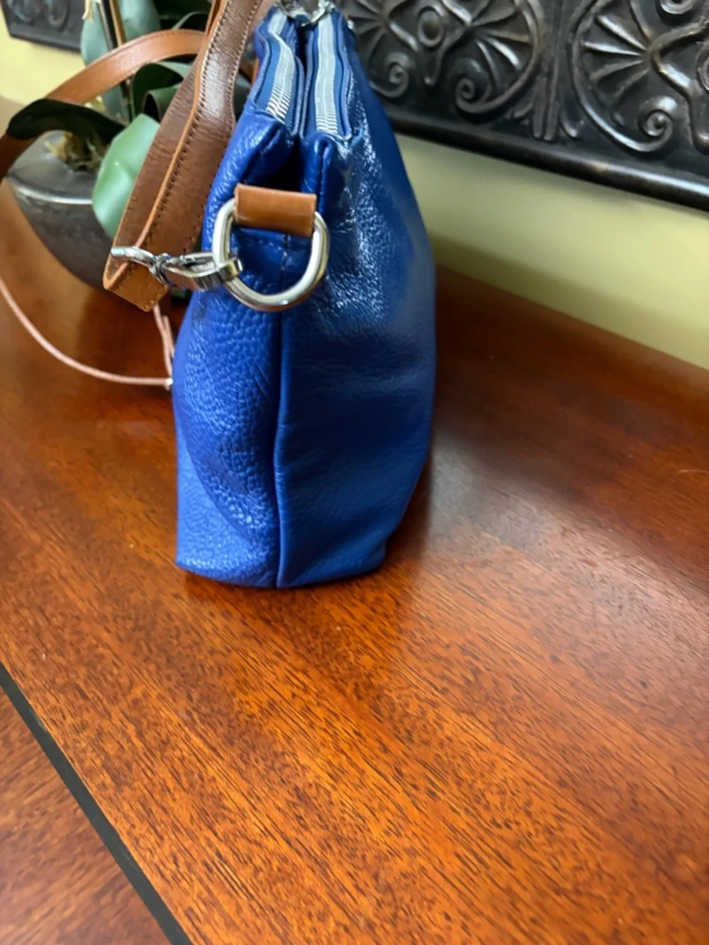Valentina Triple Entry Pebbled Blue Leather Crossbody with Tan Strap